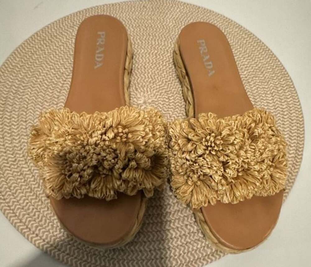 Prada Natural Raffia Floral Puff Espadrille Slide Sandals